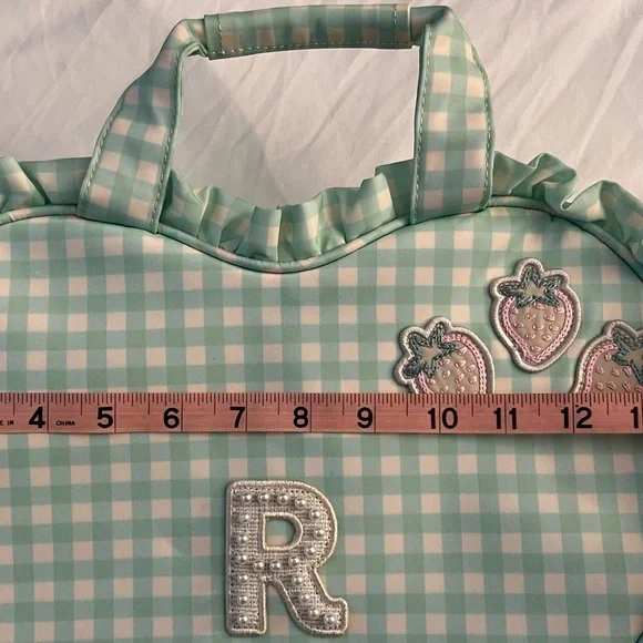 Stoney Clover Lane Heart Shape Mint Picnic Nylon Lined Gingham Bag Initial R NWT
